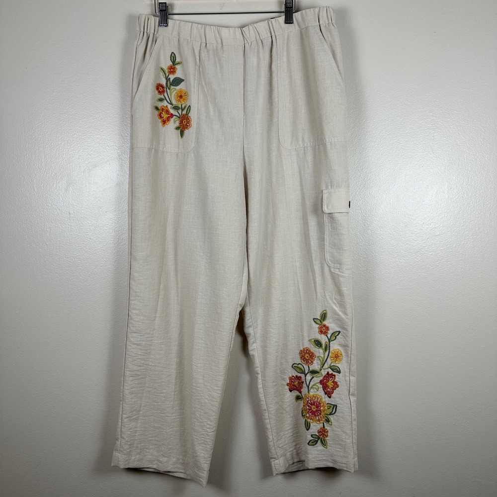 Alfred Dunner Women's 16 Classic Fit Pants Beige Floral Embroidered Boho NEW